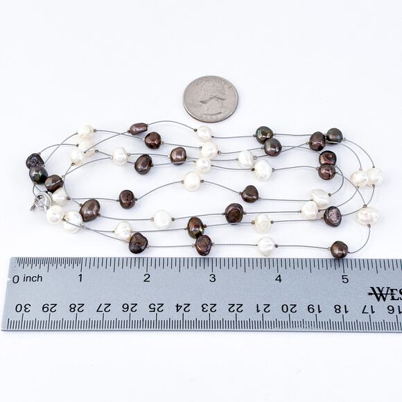 White Pearl Statement Necklace Sterling Silver Real Pearl  Vintage Sterling Silver 925 | Brown and White Pearl Wire Station Necklace | 47\